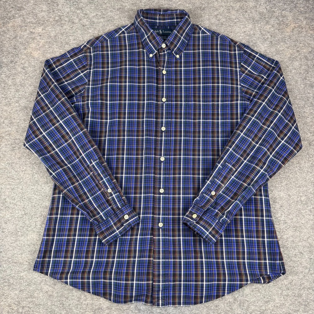 Vintage Ralph Lauren Custom Fit Button Down Shirt Plaid Blue Mens Large L